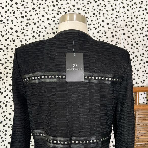 NEW Ming Wang | Black Knit Faux Leather Trim Stud Long Sleeve Cardigan Jacket XS - Picture 7 of 11